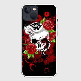 Чехол для iPhone 13 с принтом Череп и змея ,  |  | rose | skull | snake | змей | змея | розочки | розы | цветы | череп | черепок | черепушка