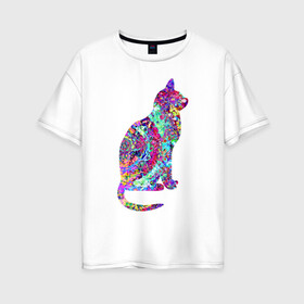 Женская футболка хлопок Oversize с принтом красочная кошка , 100% хлопок | свободный крой, круглый ворот, спущенный рукав, длина до линии бедер
 | желтый | зеленый | красный | фиолетовый