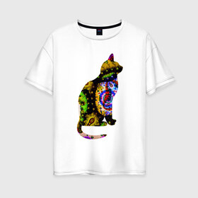 Женская футболка хлопок Oversize с принтом кошка 1 , 100% хлопок | свободный крой, круглый ворот, спущенный рукав, длина до линии бедер
 | желтый | зеленый | кошка | красный | необычная | разноцветная