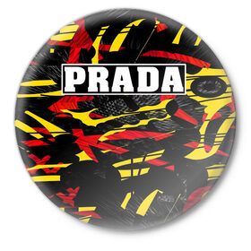 Значок с принтом PRADA ,  металл | круглая форма, металлическая застежка в виде булавки | Тематика изображения на принте: prada | prada gang | prada style | prada принт | prada футболка | парада стиль | прада | прада принт | прада футболка