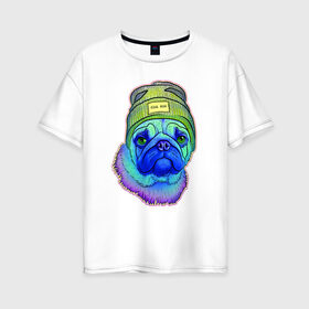Женская футболка хлопок Oversize с принтом Мопс , 100% хлопок | свободный крой, круглый ворот, спущенный рукав, длина до линии бедер
 | mops | pug | pugs | мопс | мопсы