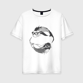 Женская футболка хлопок Oversize с принтом Карпы кои в очках , 100% хлопок | свободный крой, круглый ворот, спущенный рукав, длина до линии бедер
 | азия | карп кои | карпы кои | карпы кои в очках | крутая рыба | рыба | рыба в очках