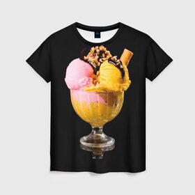 Женская футболка 3D с принтом Мороженое , 100% полиэфир ( синтетическое хлопкоподобное полотно) | прямой крой, круглый вырез горловины, длина до линии бедер | мороженое | сладости | стакан | чёрный | шоколад