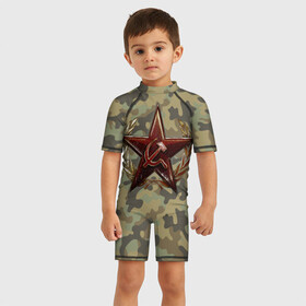 Детский купальный костюм 3D с принтом Советская звезда , Полиэстер 85%, Спандекс 15% | застежка на молнии на спине | звезда | орден | серп и молот | символика. | ссср