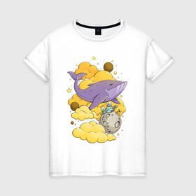 Женская футболка хлопок с принтом Космический кит , 100% хлопок | прямой крой, круглый вырез горловины, длина до линии бедер, слегка спущенное плечо | cat | space | кит | космонавт | космос | кот