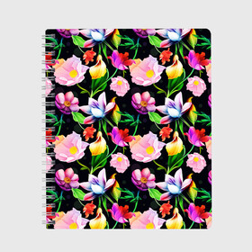 Тетрадь с принтом Разноцветие , 100% бумага | 48 листов, плотность листов — 60 г/м2, плотность картонной обложки — 250 г/м2. Листы скреплены сбоку удобной пружинной спиралью. Уголки страниц и обложки скругленные. Цвет линий — светло-серый
 | Тематика изображения на принте: fashion | flower pattern | бабочки | девушкам | зелень | лепестки | лето | листья | маки | марта | нежные | паттерн | пионы | подарок | природа | растения | ромашки | тропики | тропические | узоры | цветочки