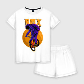 Женская пижама с шортиками хлопок с принтом BMX , 100% хлопок | футболка прямого кроя, шорты свободные с широкой мягкой резинкой | bicycle | bmx | cosmonaut | cosmos | moon | spacesuit | велосипед | космонавт | космос | луна | скафандр