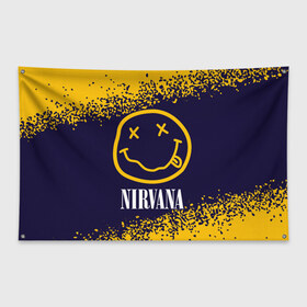 Флаг-баннер с принтом NIRVANA НИРВАНА , 100% полиэстер | размер 67 х 109 см, плотность ткани — 95 г/м2; по краям флага есть четыре люверса для крепления | band | cobain | face | kurt | logo | music | nirvana | rock | rocknroll | группа | кобейн | курт | лого | логотип | музыка | музыкальная | нирвана | рожица | рок | рокнролл | символ