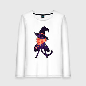 Женский лонгслив хлопок с принтом Хэллоунский кот маг , 100% хлопок |  | волшебство | звезды | кот | маг | магия | осень | хэллоуин | хэловин | шарф | шляпа
