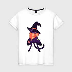 Женская футболка хлопок с принтом Хэллоунский кот маг , 100% хлопок | прямой крой, круглый вырез горловины, длина до линии бедер, слегка спущенное плечо | волшебство | звезды | кот | маг | магия | осень | хэллоуин | хэловин | шарф | шляпа