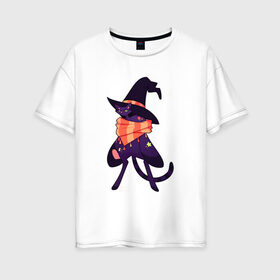 Женская футболка хлопок Oversize с принтом Хэллоунский кот маг , 100% хлопок | свободный крой, круглый ворот, спущенный рукав, длина до линии бедер
 | волшебство | звезды | кот | маг | магия | осень | хэллоуин | хэловин | шарф | шляпа