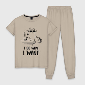 Женская пижама хлопок с принтом I do what i want , 100% хлопок | брюки и футболка прямого кроя, без карманов, на брюках мягкая резинка на поясе и по низу штанин | иностранны | кот | прикольная | текст