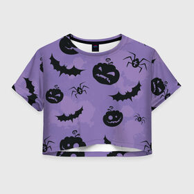 Женская футболка Crop-top 3D с принтом Фиолетовый хэллоуин , 100% полиэстер | круглая горловина, длина футболки до линии талии, рукава с отворотами | арт | вектор | вырезанные лица | летучая мышь | летучие мыши | паук | пауки | рисунок | тыква | тыквы | фиолетовый | черный