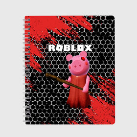 Тетрадь с принтом ROBLOX PIGGY - СВИНКА ПИГГИ , 100% бумага | 48 листов, плотность листов — 60 г/м2, плотность картонной обложки — 250 г/м2. Листы скреплены сбоку удобной пружинной спиралью. Уголки страниц и обложки скругленные. Цвет линий — светло-серый
 | pig | piggy | roblox | игра | компьютерная игра | логотип | онлайн | онлайн игра | пигги | поросенок | роблакс | роблокс | свинка | свинья