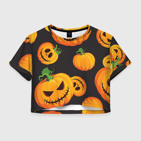 Женская футболка Crop-top 3D с принтом Весёлые тыквы , 100% полиэстер | круглая горловина, длина футболки до линии талии, рукава с отворотами | арт | вырезанные лица | морды | оранжевый | рисунок | страшилки | страшно | тыквы | ужас | чёрный
