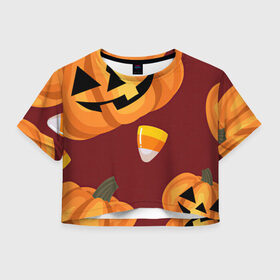 Женская футболка Crop-top 3D с принтом Сладкие хэллоуин , 100% полиэстер | круглая горловина, длина футболки до линии талии, рукава с отворотами | арт | бардовый | красный | оранжевый | рисунок | сладости | сладость | тыква | тыквы