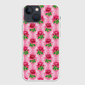 Чехол для iPhone 13 mini с принтом Декор из нежных роз ,  |  | fashion | flower pattern | girl | pink | roses | винтаж | винтажные | девушкам | зелень | лепестки | лето | листья | марта | нежные | пастельные | паттерн | пионы | подарок | природа | растения | ретро | роза | розы | узор