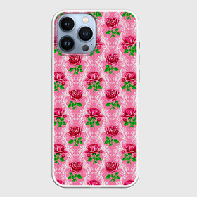 Чехол для iPhone 13 Pro Max с принтом Декор из нежных роз ,  |  | fashion | flower pattern | girl | pink | roses | винтаж | винтажные | девушкам | зелень | лепестки | лето | листья | марта | нежные | пастельные | паттерн | пионы | подарок | природа | растения | ретро | роза | розы | узор