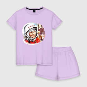 Женская пижама с шортиками хлопок с принтом Юрий Гагарин 1 , 100% хлопок | футболка прямого кроя, шорты свободные с широкой мягкой резинкой | звезды | земля | история | космос | орбита | ракета