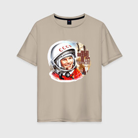 Женская футболка хлопок Oversize с принтом Юрий Гагарин 1 , 100% хлопок | свободный крой, круглый ворот, спущенный рукав, длина до линии бедер
 | звезды | земля | история | космос | орбита | ракета