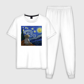 Мужская пижама хлопок с принтом Винсент Вангог , 100% хлопок | брюки и футболка прямого кроя, без карманов, на брюках мягкая резинка на поясе и по низу штанин
 | арт | винсент вангог | дождь | ночь | романтика | художник