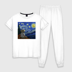 Женская пижама хлопок с принтом Винсент Вангог , 100% хлопок | брюки и футболка прямого кроя, без карманов, на брюках мягкая резинка на поясе и по низу штанин | арт | винсент вангог | дождь | ночь | романтика | художник