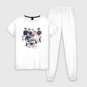 Женская пижама хлопок с принтом BTS , 100% хлопок | брюки и футболка прямого кроя, без карманов, на брюках мягкая резинка на поясе и по низу штанин | bangtan boys | bangtan sonyeondan | beyond the scene | bt21 | bts | bulletproof boy scouts | chibi | j hope | jimin | jin | jungkook | k pop | kpop | rm | suga | v | ви | джей хоуп | джонгук | к поп | кпоп | сюга | чиби | чимин | чин