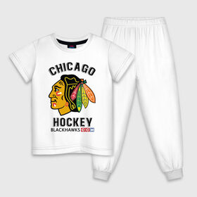 Детская пижама хлопок с принтом CHICAGO BLACKHAWKS NHL , 100% хлопок |  брюки и футболка прямого кроя, без карманов, на брюках мягкая резинка на поясе и по низу штанин
 | blackhawks | ccm | chicago | hockey | nhl | sport | usa | блэкхоукс | индеец | нхл | спорт | сша | хоккей | чикаго