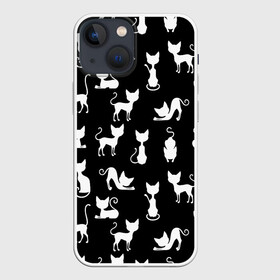 Чехол для iPhone 13 mini с принтом КОШКИ БЕЛОЕ НА ЧЕРНОМ ,  |  | cat | pussy | домашние | кис кис | коты | котэ | кошки | лапки | мяу | паттерн | усы | хвост | черно белое