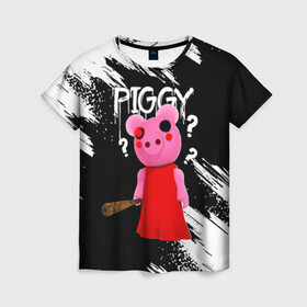 Женская футболка 3D с принтом ROBLOX PIGGY - СВИНКА ПИГГИ , 100% полиэфир ( синтетическое хлопкоподобное полотно) | прямой крой, круглый вырез горловины, длина до линии бедер | pig | piggy | roblox | игра | компьютерная игра | логотип | онлайн | онлайн игра | пигги | поросенок | роблакс | роблокс | свинка | свинья