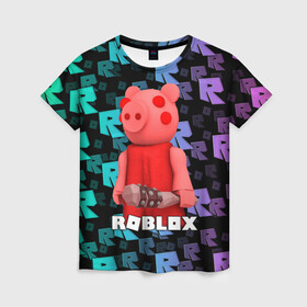 Женская футболка 3D с принтом ROBLOX PIGGY - СВИНКА ПИГГИ , 100% полиэфир ( синтетическое хлопкоподобное полотно) | прямой крой, круглый вырез горловины, длина до линии бедер | pig | piggy | roblox | игра | компьютерная игра | логотип | онлайн | онлайн игра | пигги | поросенок | роблакс | роблокс | свинка | свинья