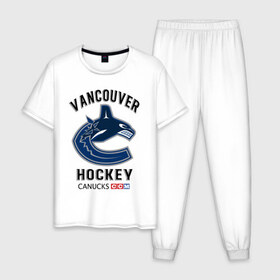 Мужская пижама хлопок с принтом VANCOUVER CANUCKS NHL , 100% хлопок | брюки и футболка прямого кроя, без карманов, на брюках мягкая резинка на поясе и по низу штанин
 | Тематика изображения на принте: canada | canucks | hockey | nhl | sport | usa | vancouver | акула | ванкувер | канада | кэнакс | логотип | нхл | спорт | хоккей | челюсти