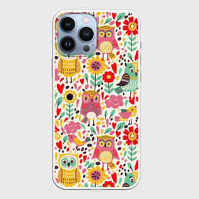 Чехол для iPhone 13 Pro Max с принтом Красочные совы и цветы ,  |  | autumn | cute | flowers | spring | summer | весна | воробей | лепестки | лето | маки | милота | милые | облака | облачка | осень | поле | природа | птичка | птички | ромашки | сердечки | синица | синичка | сова | совушки