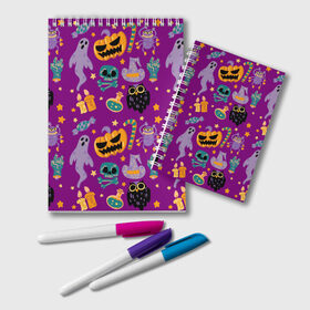 Блокнот с принтом Happy Halloween , 100% бумага | 48 листов, плотность листов — 60 г/м2, плотность картонной обложки — 250 г/м2. Листы скреплены удобной пружинной спиралью. Цвет линий — светло-серый
 | Тематика изображения на принте: bones | candle | candy | fangs | flask | ghost | hand | hat | jaw | owl | pumpkin | skull | star | звезда | клыки | колба | конфета | кости | пасть | призрак | рука | свеча | сова | череп | шляпа