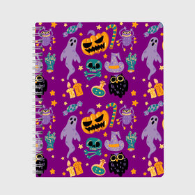 Тетрадь с принтом Happy Halloween , 100% бумага | 48 листов, плотность листов — 60 г/м2, плотность картонной обложки — 250 г/м2. Листы скреплены сбоку удобной пружинной спиралью. Уголки страниц и обложки скругленные. Цвет линий — светло-серый
 | Тематика изображения на принте: bones | candle | candy | fangs | flask | ghost | hand | hat | jaw | owl | pumpkin | skull | star | звезда | клыки | колба | конфета | кости | пасть | призрак | рука | свеча | сова | череп | шляпа