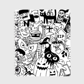 Тетрадь с принтом Halloween , 100% бумага | 48 листов, плотность листов — 60 г/м2, плотность картонной обложки — 250 г/м2. Листы скреплены сбоку удобной пружинной спиралью. Уголки страниц и обложки скругленные. Цвет линий — светло-серый
 | Тематика изображения на принте: fanfs | halloween | jaw | mummy | pumpkin | skull | tomb | клыки | могила | мумия | пасть | тыква | хэллоуин | череп