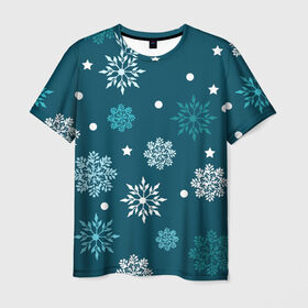 Мужская футболка 3D с принтом Зимние снежинки , 100% полиэфир | прямой крой, круглый вырез горловины, длина до линии бедер | 