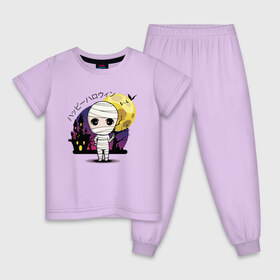 Детская пижама хлопок с принтом Мумия , 100% хлопок |  брюки и футболка прямого кроя, без карманов, на брюках мягкая резинка на поясе и по низу штанин
 | Тематика изображения на принте: bat | halloween | japan | moon | летучая мышь | луна | мумия | хэллоуин
