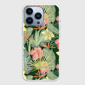 Чехол для iPhone 13 Pro с принтом Тропические растения и цветы ,  |  | Тематика изображения на принте: банан | желтый | зеленый | красный | листья | орхидея | пальма | плюмерия | стрелиция | тропики | цветы | экзотика