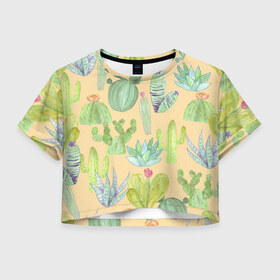 Женская футболка Crop-top 3D с принтом Кактусы в пустыне , 100% полиэстер | круглая горловина, длина футболки до линии талии, рукава с отворотами | жара | желтый | засуха | зеленый | кактус | колючки | песок | пустыня | солнечный | цветок