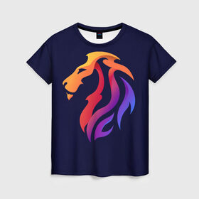 Женская футболка 3D с принтом Градиентный лев в минимализме , 100% полиэфир ( синтетическое хлопкоподобное полотно) | прямой крой, круглый вырез горловины, длина до линии бедер | вектор | градиент | лев | логотип | минимализм | разноцветный | цветной