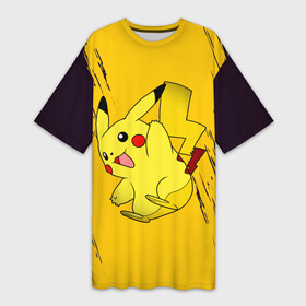 Платье-футболка 3D с принтом Happy Pikachu ,  |  | anime | baby | cartoon | cute | kawaii | pika pika | pokemon | аниме | анимешные | глаза | детям | зайчик | зверек | кавайный | кот | котенок | кролик | малыш | милый | мордочка | мультяшный | няшный | пика пика | пикачу | покемон