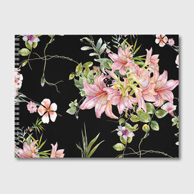 Альбом для рисования с принтом Букет лилий , 100% бумага
 | матовая бумага, плотность 200 мг. | арт | лилии | рисунок | розовый | цветок | цветы | чёрный