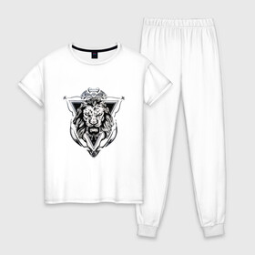 Женская пижама хлопок с принтом lion лев , 100% хлопок | брюки и футболка прямого кроя, без карманов, на брюках мягкая резинка на поясе и по низу штанин | lion | артхаус | черное на белом