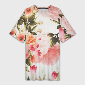 Платье-футболка 3D с принтом Нежный букет ,  |  | арт | белый | букет | букет роз | желтый | зеленый | крем | кремовый | нежно | рисунок | роза | розовая розы | розовые розы | розовый | розы