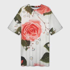 Платье-футболка 3D с принтом Нежные розы ,  |  | арт | белый | зеленый | красная роза | красные розы | красный | рисунок | роза | розовая роза | розовые розы | розовый | розы | цветок | цветы