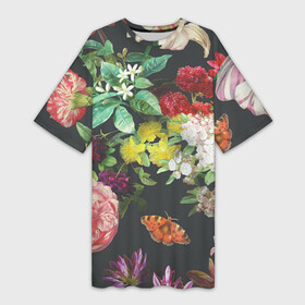 Платье-футболка 3D с принтом Цветы ,  |  | арт | бабочка | бабочки | белая лилия | белый | желтый | зеленый | картина | краски | красный | лилии | лилия | рисунок | рисунок красками | роза | розовая роза | розовый | розы | тёмный | фиолетовый