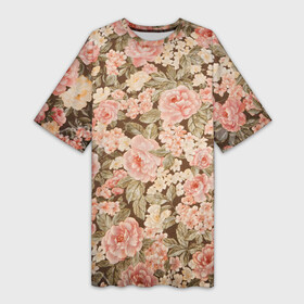 Платье-футболка 3D с принтом Розовая поляна ,  |  | арт | кремовый | рисунок | роза | розовая поляна | розовые розы | розовые цветы | розы