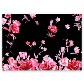 Поздравительная открытка с принтом Яркие розы , 100% бумага | плотность бумаги 280 г/м2, матовая, на обратной стороне линовка и место для марки
 | Тематика изображения на принте: арт | рисунок | роза | розовая роза | розовые розы | розовый | розы | тёмный | цветы | чёрный