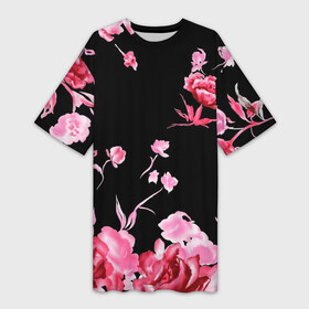 Платье-футболка 3D с принтом Яркие розы ,  |  | арт | рисунок | роза | розовая роза | розовые розы | розовый | розы | тёмный | цветы | чёрный